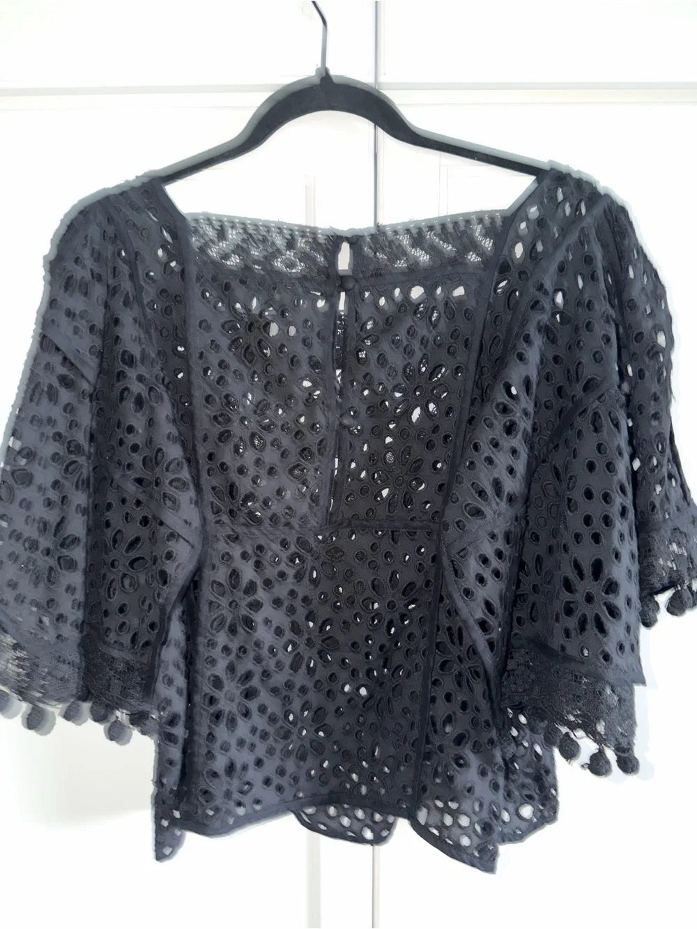 By Anthropologie Boat-Neck Black Victorian Cutwork Pom-Pom Blouse Sz XL Boho